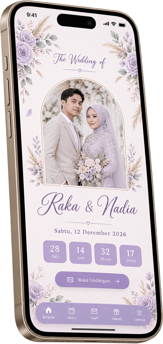 Contoh undangan digital pernikahan tema floral lavender dengan hitung mundur